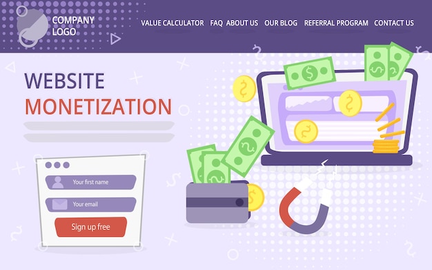 Vecteur page de destination du site web de monétisation
