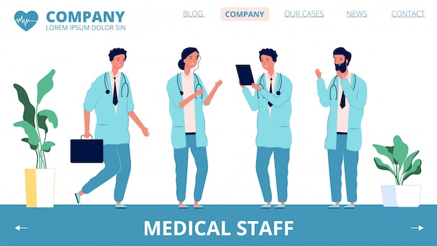 Page De Destination De L'hôpital. Personnages Du Personnel Médical. Modèle De Bannière Web Différents Médecins Et Agents De Santé