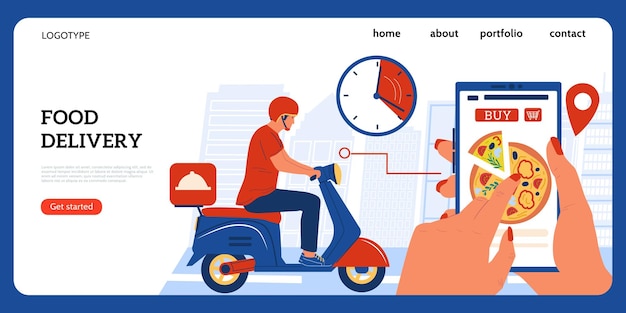 Page de destination de livraison de nourriture Les gens commandent de la nourriture à l'aide d'une application mobile Un coursier conduit un scooter et apporte les achats aux clients Modèle d'interface de site Web vectoriel pour l'épicerie ou le restaurant