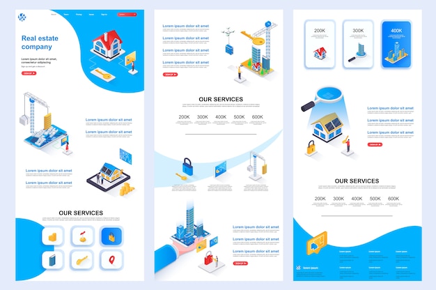 Page De Destination De Modèle De Site Web Isométrique De Société Immobilière Contenu Intermédiaire Et Pied De Page