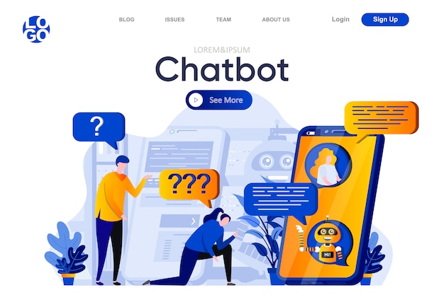 Page de destination plate de Chatbot. Personnes discutant avec chatbot, illustration du service d'assistance virtuelle. Intelligence artificielle, composition de pages Web de technologie intelligente avec des personnages de personnes.