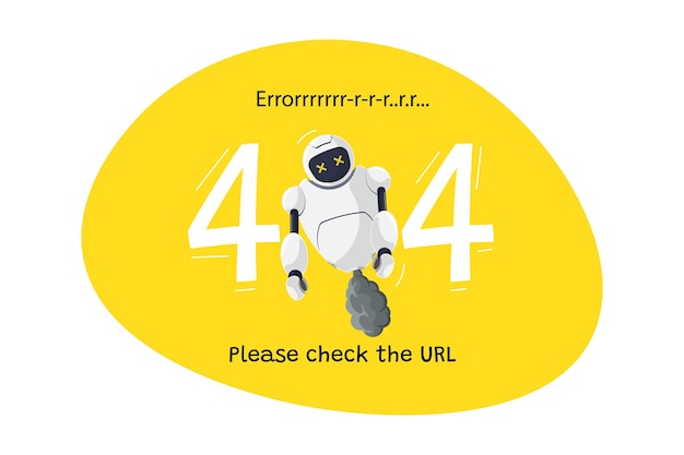 Page du site Web introuvable erreur d'url personnage de robot cassé sur fond jaune plantage du site sur technique
