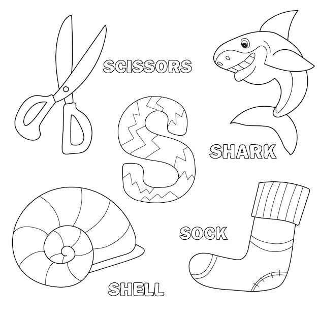 Page De Livre De Coloriage Alphabet Avec Clipart De Contour. Lettre S. Vector Shark, Ciseaux, Chaussette, Coquille