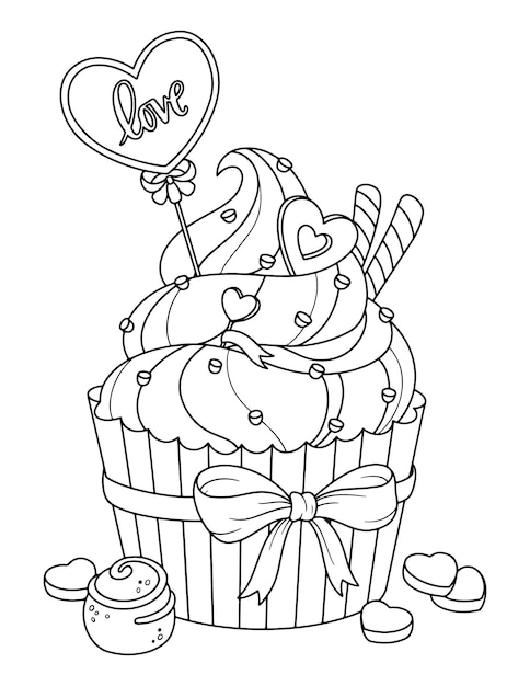 Vecteur page de livre de coloriage de gâteau dessiné à la main dessin de contour de cupcake