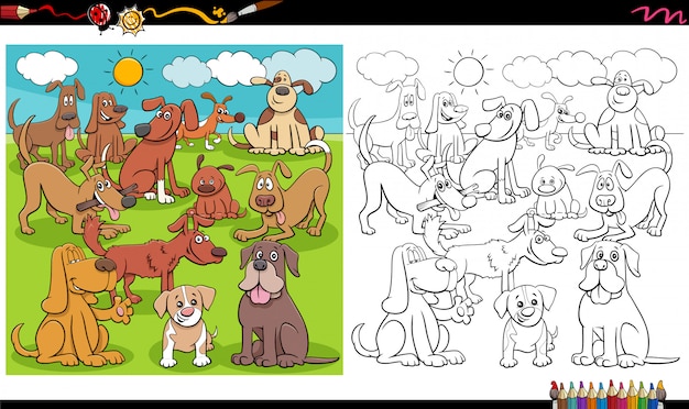 Page De Livre De Coloriage Groupe De Personnages De Chiens Ludiques