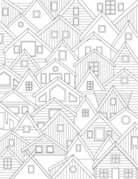 Page de livre de coloriage avec des maisons les unes derrière les autres avec différentes feuilles de fenêtres à colorier avec beaucoup de maisons en bois avec des tailles variées