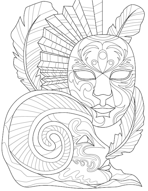 Vecteur page de livre de coloriage avec masque de carnaval détaillé avec plume autour de la feuille à colorier avec objet de camouflage culturel article de mascarade