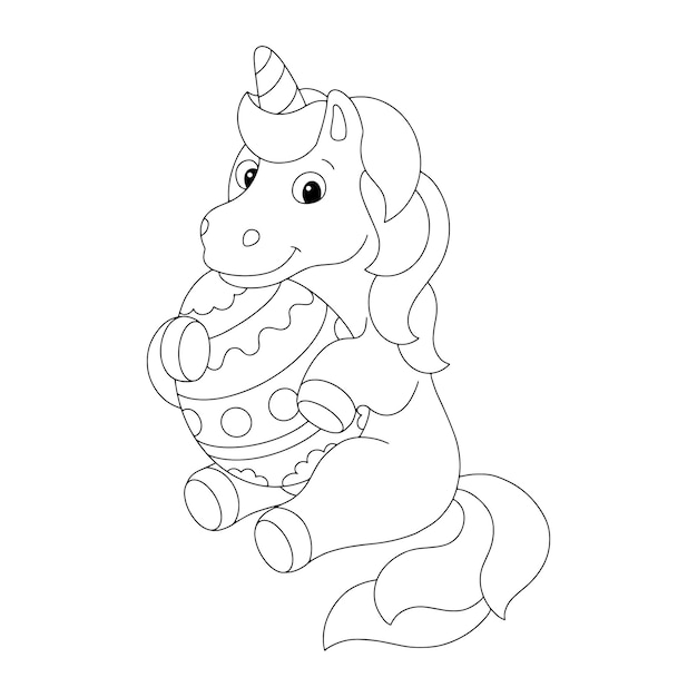 Page De Livre De Coloriage Pour Les Enfants Une Jolie Licorne Tient Un Personnage De Style Dessin Animé D'oeuf De Pâques