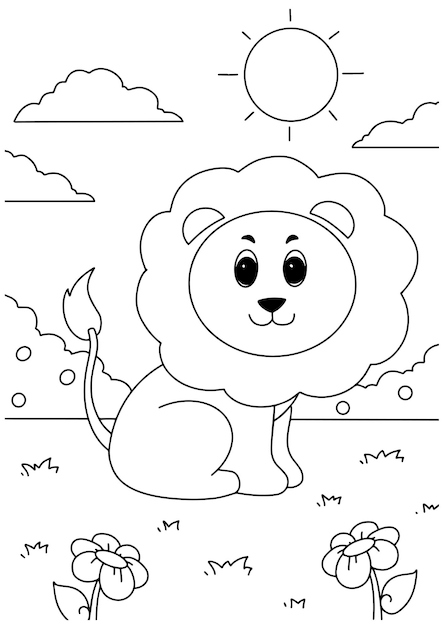 Page de livre de coloriage pour enfants lion dans la nature et illustration de fleurs