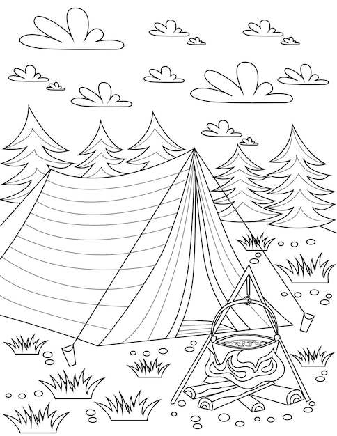 Page de livre de coloriage avec une tente placée dans la nature avec un feu ouvert et des arbres et des nuages dans une feuille de fond à colorier avec un tipi avec de la nourriture bouillante à l'extérieur