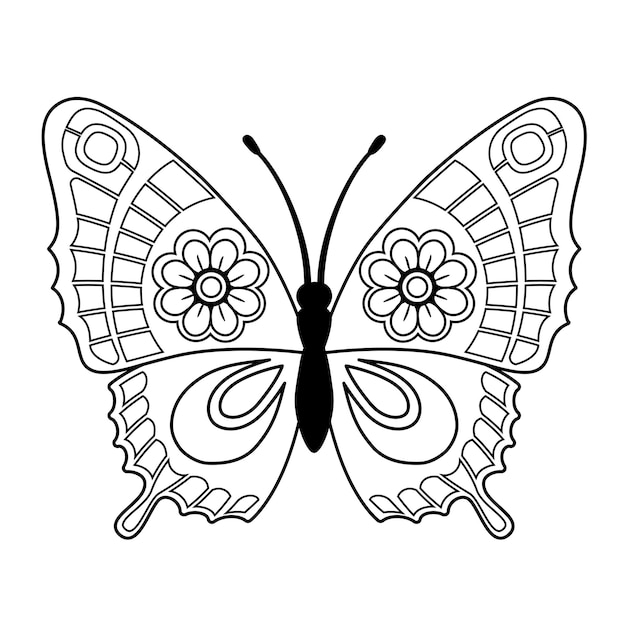 Vecteur page de livre de coloriage de vecteur silhouette de papillon élégant dans le style de mandala isolé sur fond blanc