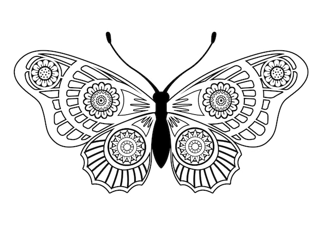 Vecteur page de livre de coloriage de vecteur silhouette de papillon élégant dans le style de mandala isolé sur fond blanc