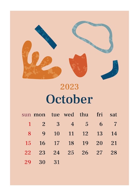 La Page Avec Le Mois D'octobre 2023 Avec Des Formes Organiques Abstraites Dans Des Tons Sourds Affiche Verticale Dans Un Style Esthétique Dans Des Couleurs Pastel Conception D'illustration Vectorielle