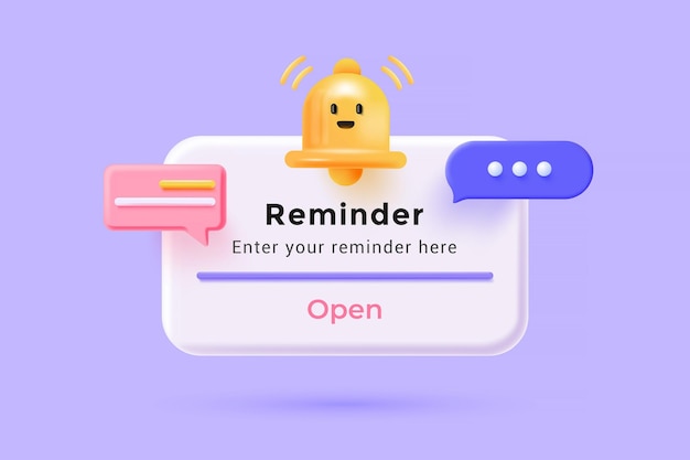 Page de notifications d'illustration 3D de rappel avec des éléments flottants Rappel d'événements de planification d'entreprise et calendrier avec rendu 3d Illustration vectorielle