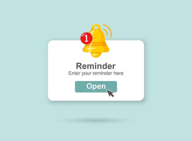 Page de notifications de rappel avec icône de cloche d'alerte dans un style plat Illustration vectorielle de message d'avis d'événement sur fond isolé Concept d'entreprise de signe d'avis d'annonce