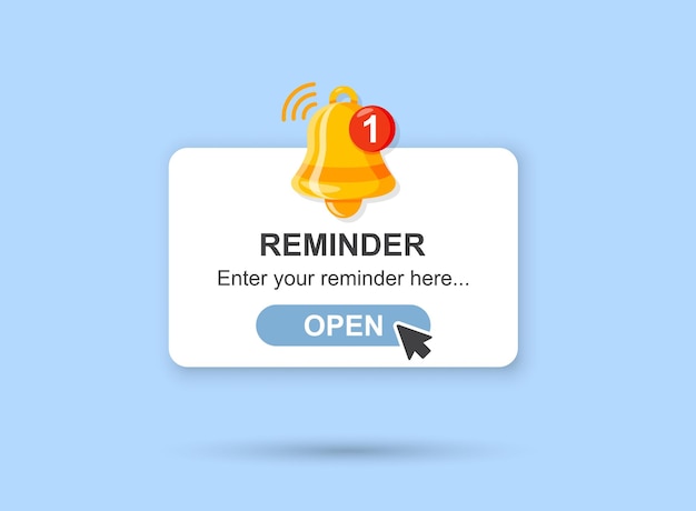 Page de notifications de rappel avec icône de cloche d'alerte dans un style plat Illustration vectorielle de message d'avis d'événement sur fond isolé Concept d'entreprise de signe d'avis d'annonce
