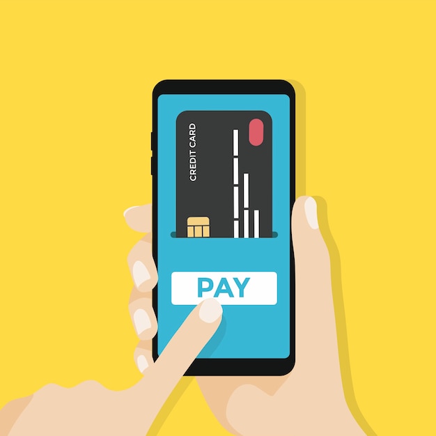 Vecteur page de paiement et carte de crédit sur l'écran du smartphone avec bouton de paiement