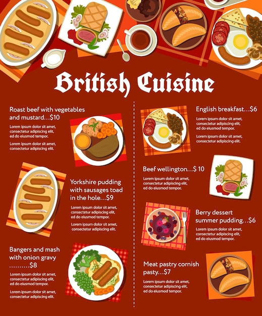 Page de vecteur de menu de repas de restaurant de cuisine britannique