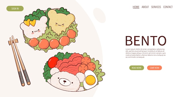 Page Web Dessiner une boîte à bento kawaii amusante cuisine maison repas à emporter préparation illustration vectorielle Cuisine traditionnelle asiatique japonaise concept de menu de cuisine bannière publicité de site Web dans un style de dessin animé doodle
