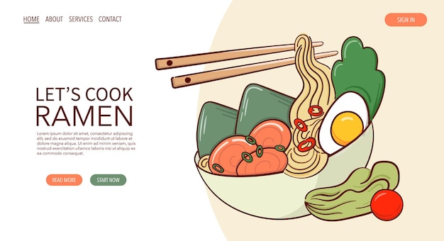 Page Web Dessiner De La Soupe De Ramen Dans Un Bol Illustration Vectorielle Concept De Menu De Cuisine Traditionnelle Asiatique Japonaise Publicité Sur Le Site Web De La Bannière En Style Dessin Animé Doodle