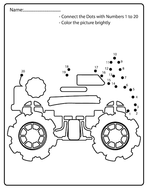 Pages de coloriage point à point drôles hors route de Monster Truck Feuilles de travail pour les tout-petits