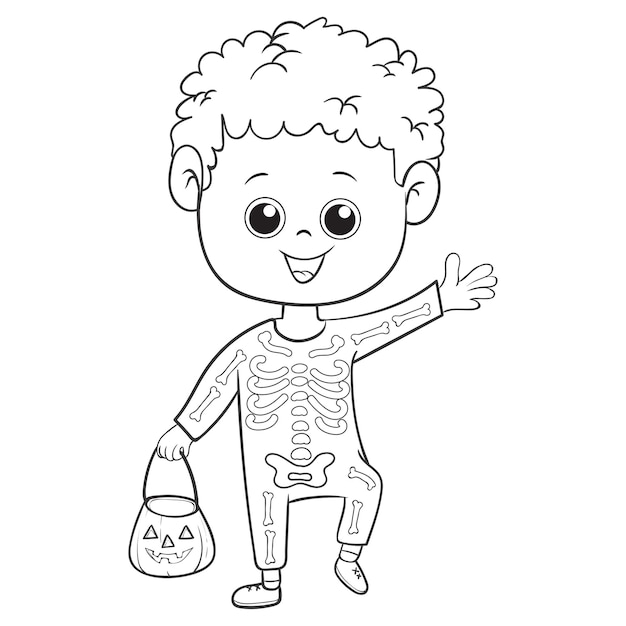 Vecteur pages à colorier ou livres pour enfants mignon petit enfant porte un costume de squelette halloween célébrer