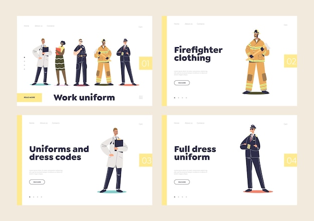 Pages De Destination Avec Des Uniformes Professionnels Pour Pilote, Pompier, Médecin Et Policier