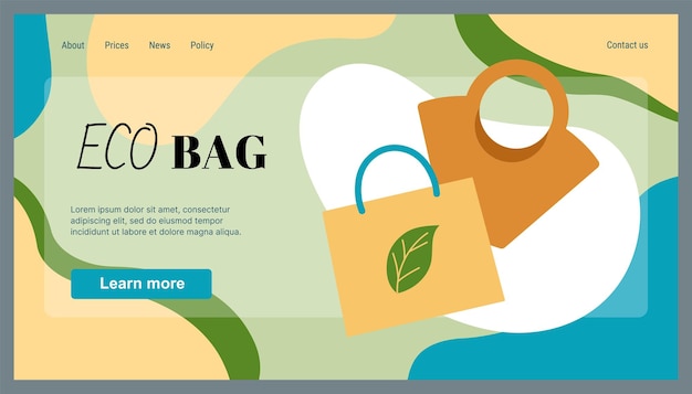 Pagine d'atterrissage de sacs écologiques Poche de toile recyclable Acheteur recyclé Zero déchets Sac à main réutilisable Technologie respectueuse de l'environnement Package d'achat Modèle de conception de site Web Arrière-plan vectoriel