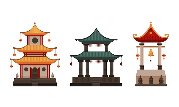 Pagode comme tour à étages avec plusieurs étages comme ensemble vectoriel d'architecture asiatique
