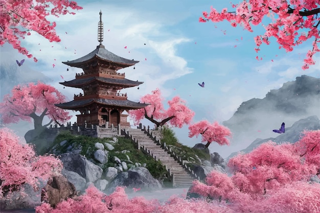 une pagode avec des fleurs roses et une montagne en arrière-plan
