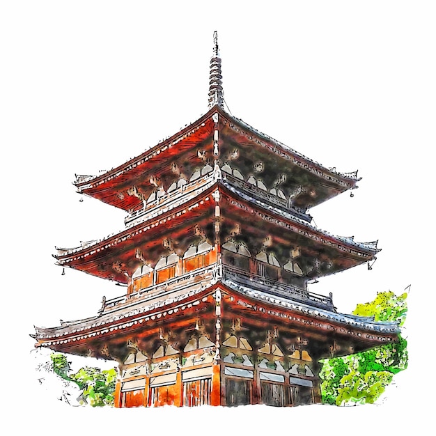 Pagode japonaise à l'aquarelle illustration dessinée à la main isolée sur fond blanc