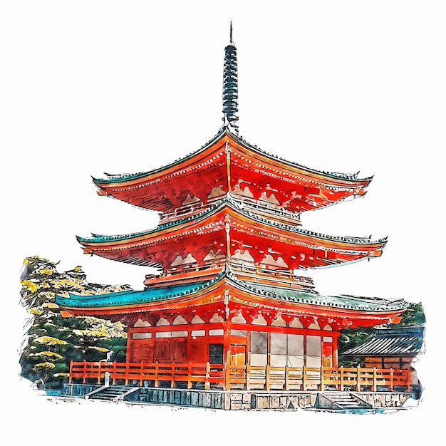 Pagode japonaise à l'aquarelle illustration dessinée à la main isolée sur fond blanc