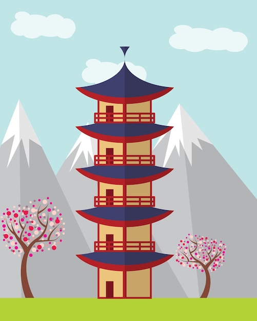 Vecteur pagode japonaise avec montagnes et sakura en arrière-plan