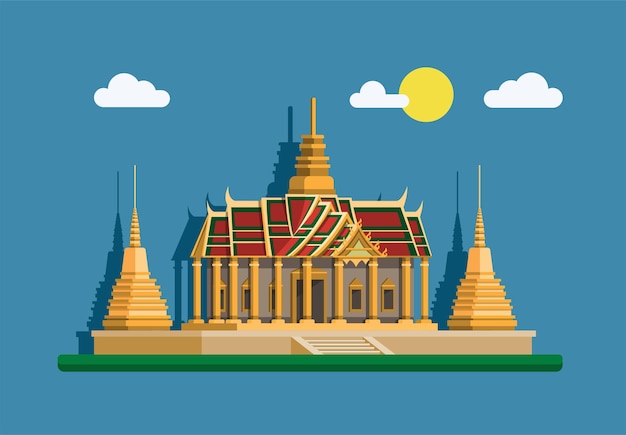 Vecteur pagode d'or du grand palais. bangkok, thaïlande concept de bâtiment historique dans un style plat