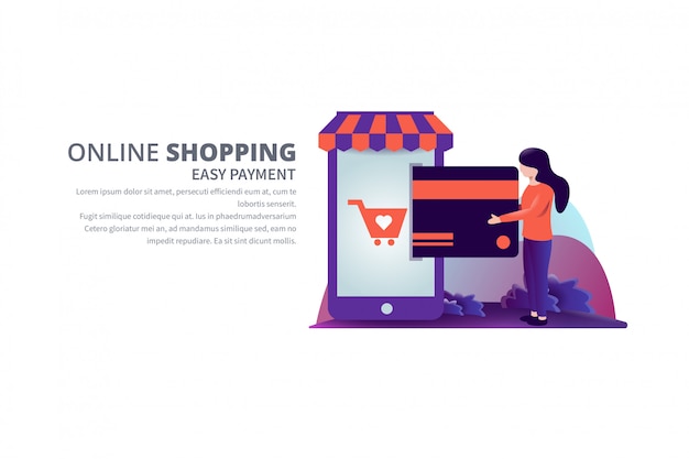 Paiement Facile Shopping En Ligne Illustration Vectorielle Avec Bannière De Modèle De Texte