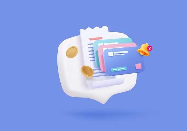 Paiement de facture 3D avec carte de crédit et financier pour les achats en ligne carte de crédit de paiement avec notification d'alerte Transaction de facture avec pièce d'argent icône de vecteur de réception 3d illustration de rendu