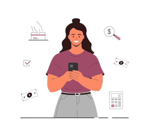 Paiement en ligne des factures d'impôt Imposition gouvernementale Femme paie la facture d'impôts par smartphone Pa en ligne à distance