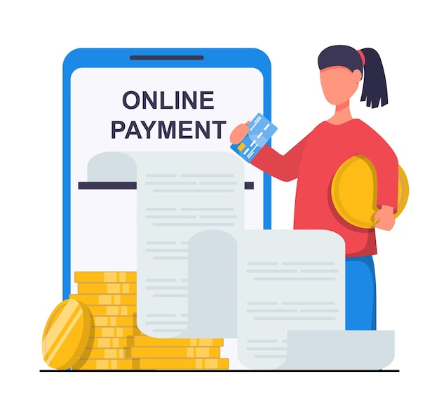 Paiement en ligne Femme paie avec carte de crédit à partir de pièces d'or de téléphone et chèque à côté d'elle