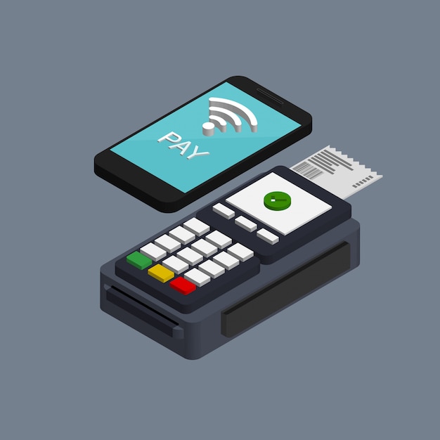 Vecteur paiement mobile isométrique nfc. pos terminal confirme le paiement par smartphone. concept de paiements nfc. passe de paiement.