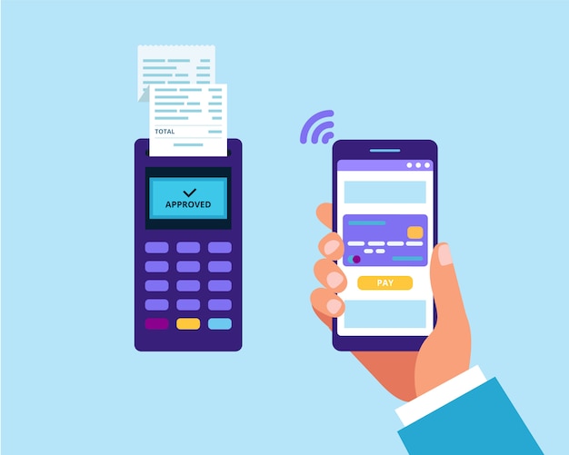 Paiement Mobile Via Smartphone. Terminal De Point De Vente Et Une Main Tenant Un Smartphone Pour Le Paiement