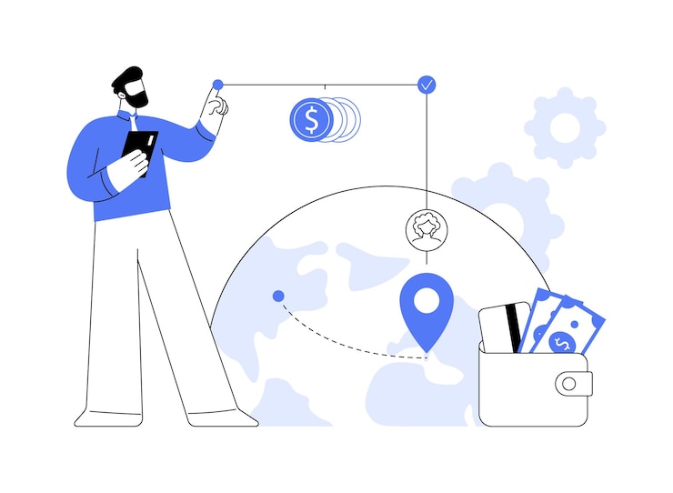 Vecteur paiements transfrontaliers concept abstrait illustration vectorielle homme tenant un smartphone effectuant des paiements entre différents pays technologie blockchain transactions en ligne métaphore abstraite