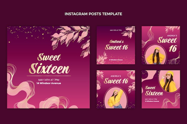 Vecteur paillettes d'or réalistes sweet 16 posts instagram