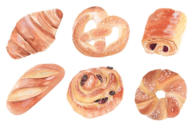 Vecteur pain bun croissant et vecteur aquarelle boulangerie pâtisserie danoise