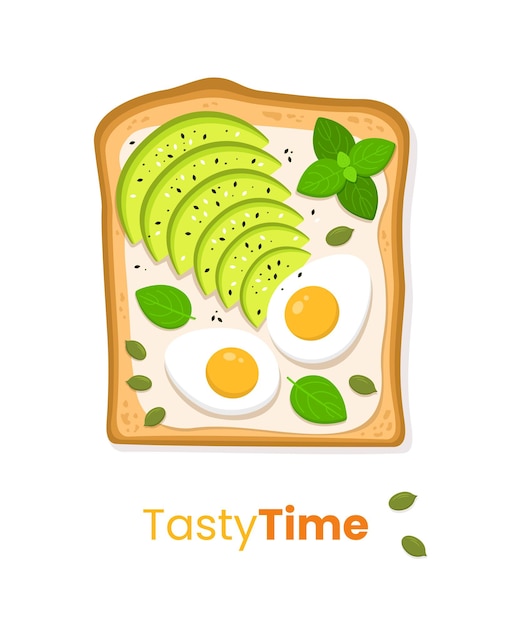 Vecteur pain grillé sain avec avocat et un œuf sur fond blanc. illustration vectorielle mignon.