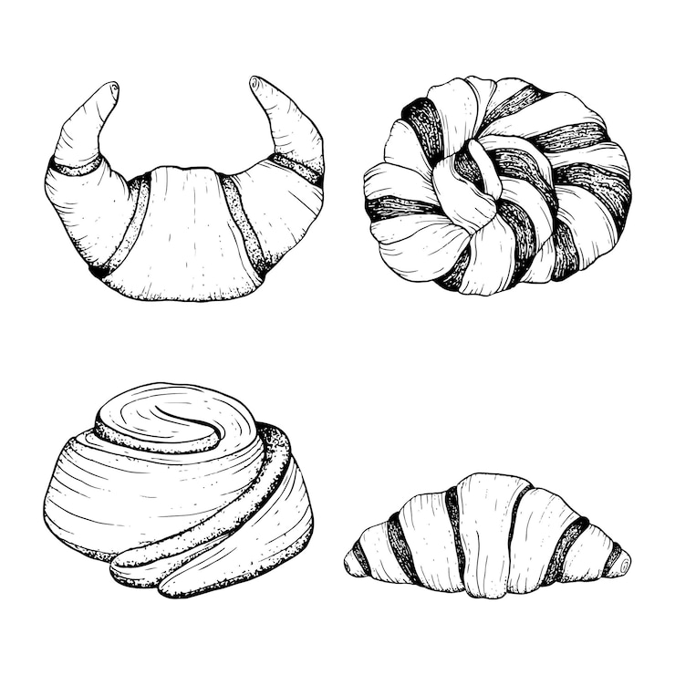 Vecteur des pains de pâtisserie frais, des croissants vectoriels, une illustration en noir et blanc avec des croissants et du pain tressé