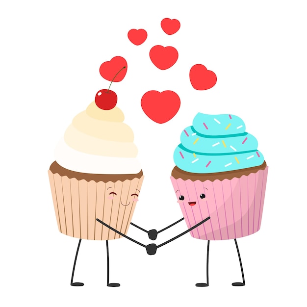 Paire De Cupcakes Amoureux. Concept Pour La Saint-valentin Avec Desserts Et Coeur. Quelques Muffins.