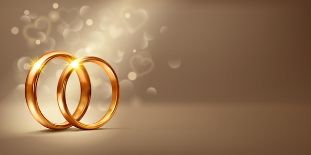 Une paire d'élégantes bagues de mariage en or poli placées côte à côte symbolisent l'amour et l'unité. La scène est éclairée par une lumière douce et des formes de cœur flottantes créant une atmosphère romantique.