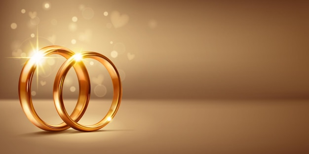 Une paire d'élégantes bagues de mariage en or poli placées côte à côte symbolisent l'unité et l'amour. La scène est éclairée par une lumière douce et des formes de cœur flottantes créant une atmosphère romantique.