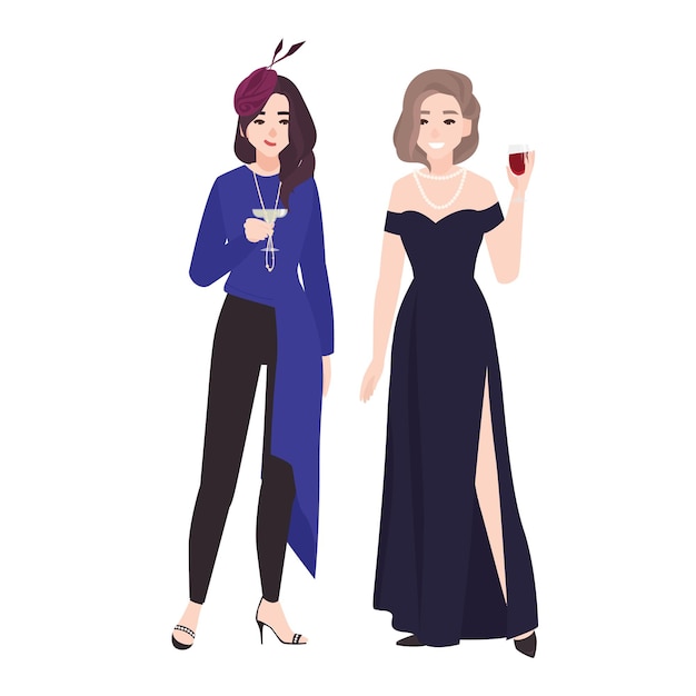 Paire De Filles En Tenues De Soirée élégantes Se Tenant Ensemble Et Buvant Des Cocktails. Jolies Jeunes Femmes Habillées Pour Une Fête, Une Occasion Formelle, Un Bal Ou Un événement. Illustration Vectorielle Plat Coloré.