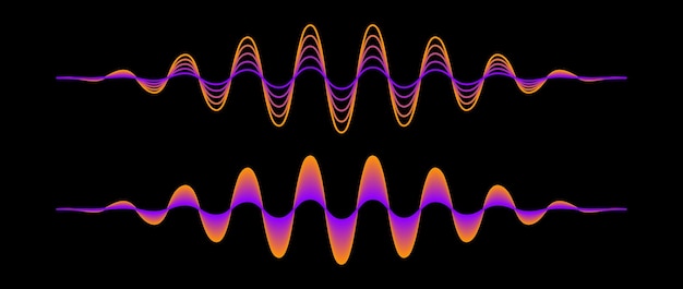 Vecteur paire d'ondes sonores dégradées orange violet deux lignes sinusoïdales rose fluo jaune voix ou musique